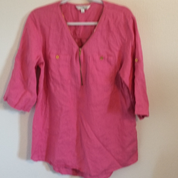 Company Ellen Tracy Tops - Company By Ellen Tracy 1/4 Zip Peony Pink Linen Tunic Relaxed Coastal Chic Large